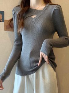 Kvinnors tröjor Autumn Winter Wool Sweater Pullover Girl Hollow Out Full Puff Sleeve High Stretch Slim Base Sticked Jumper Top