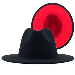 Fedora-Hut für Damen, breite Krempe, Herbsthut, Kunstwolle, Winter, schwarz und rot, farblich passender Filz, modisch, Jazz1289d