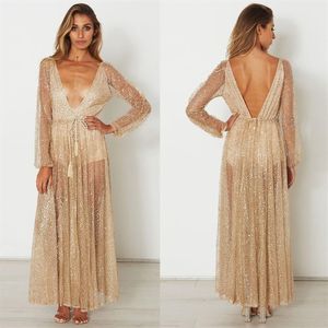 Lady Evening Party Long Dress with Rhinestone Gold Maxi Dress Long Sleeves Mesh Sexig Deep V-ringkläder265d