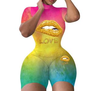 Verão mais novo moda feminina tie dye macacões curtos manga curta alta pescoço lábio impressão colorido macacão bodysuit229m