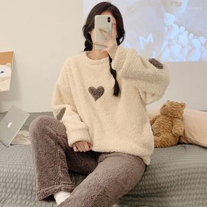 Women's Sleepwear Winter Thickened 300k Coral Velvet Pajamas Simple Pullover Round Neck Embroidered Sweet Flannel Housewear