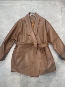 Couro feminino 2023 longo primavera outono lapela jaqueta feminina real pele de carneiro solto casaco moda cinto outerwear streetwear