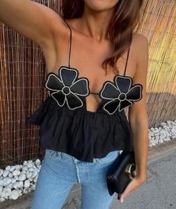 Women's Tanks Fashion Black Floral Chic Cropped Top Vest Women Camisole Y2K Backless Suspender Tops Female Elegant Sexy Sleeveless