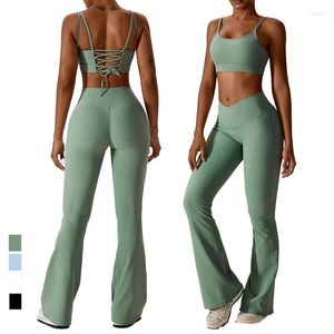 Conjuntos ativos femininos roupa de fitness sino inferior flares yoga leggings conjunto sutiã esportivo tecido costela treino dança correndo roupas esportivas casuais