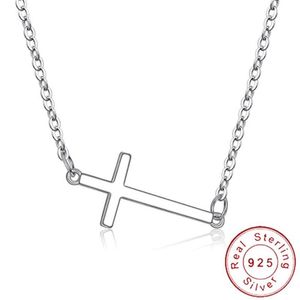 Zierliche Halskette aus echtem 925er-Sterlingsilber mit horizontalem seitlichem Kreuz, schlichtes Kruzifix, halslos, von Prominenten inspirierter Schmuck SN011 Choke228K