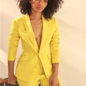 Calças femininas de duas peças amarelo mulheres terno um botão notch lapela 2 peças slim fit uniforme de escritório sob medida moda senhora ternos jaqueta com