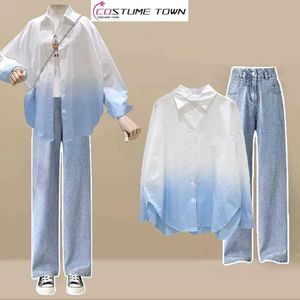 Women's Two Piece Pants Korean Style Gradient Sunscreen Chiffon Shirt Wide Leg Jeans Set Elegant Library Casual Outfits Clothing