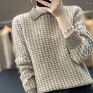 Kvinnors tröjor Kläder Houndstooth Sticks Jumpers Casual Turn-Down Collar Sparched 2023 Autumn Winter All-Match Korean Loose