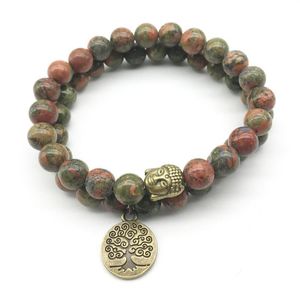 SN1275 Bracciale con ciondolo in bronzo albero della vita Buddha Set Bracciale Unakite design vintage Gioielli in pietra naturale di alta qualità310m