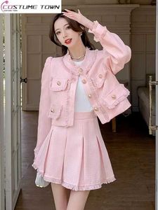 Tvådelt klänning Spring spetskant Slim fit jacka blazer mini veckad kjol elegant kvinnor set rosa kläder kläder