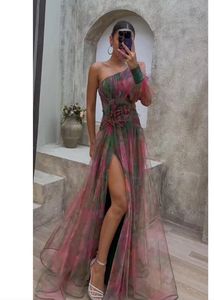 Casual Dresses Elegant Tie-dye Print Dress Women Fashion Oblique Shoulder Pleated Long 2023 Summer Autumn Lady Party Evening Vestidos 32