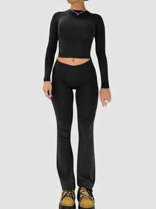 Aktif Setler Kadınların Sıradan Kıyafetler Düz Renk Uzun Kollu Kırpılmış Üst Pantolon 2 Parça Spor Giysileri Yoga Takımları İçin Set