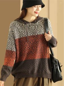 Kvinnors tröjor 2024 Höst- och vinterfast färgämne Jacquard stickad tröja Fashion Hooded Loose Pullover Top