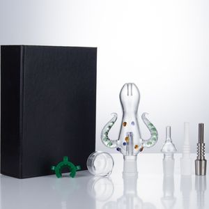 NC006 Pipa Dab Rig Bong in vetro Confezione regalo 14mm 19mm Titanio Quarzo Ceramica Clip per unghie Piatto di cera Dab Nail Doppio corno di bue Circa 5,55 pollici Tubo Bubbler Bong