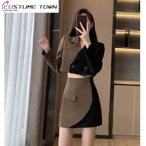 Vestido de duas peças preto e branco retalhos curto jaqueta blazer mini saia twopiece elegante conjunto feminino verão roupas de escritório