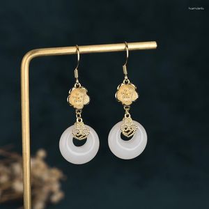 Stud Earrings Gold Color Flower For Woman Chinese Style Fashion Jewelry Wedding Party Girl Elegance Set Imitation Jade