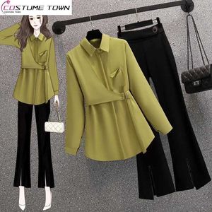 Women's Two Piece Pants Waist Tied Pleated Chiffon Shirt Casual Wide Leg Twopiece Elegant Set Office Outfits Popular Clothing