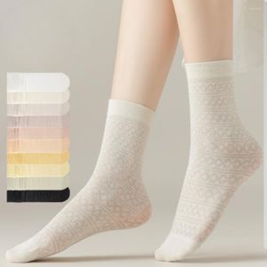 Meias femininas 1 par primavera verão longo malha fina algodão preto branco bonito tubo médio macio respirável meia casual calcetines