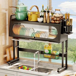 Kitchen Storage Sink Shelf Dish Drain Rack With Cabinet Door Adjustable Dustproof Bowl And Plate Accessories Organizer