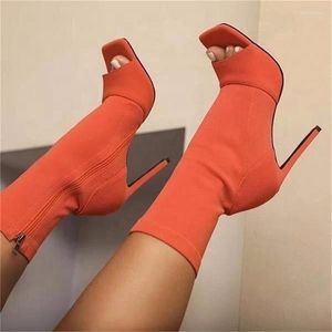 Mode peep Sandalen Damen Zehen Stretch Stoff Strick -Knöchelstiefel kleines Loch hohl aus atmungsaktivem Kleid Frauen High Heels Dance Schuhe 2692