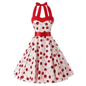 Sukienki swobodne kobiety czerwona wiśniowa sukienka imprezowa vintage 50s Rockabilly Hepburn 2021 Elegancki letni ramy bez ramiączek huśtawka retro kantar Up324a