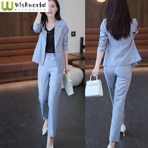 Женские брюки из двух предметов, осенний новый приталенный пиджак в Корейском стиле, Блейзер, повседневный элегантный комплект-карандаш, офисная одежда