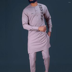 Men's Tracksuits Kaftan Africa Full Suit Long Sleeve Solid Color Stitching Top And Pant Sets Elegant Business Party Wedding Male