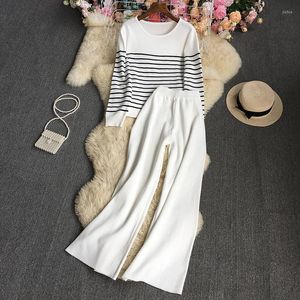 Women Sweters 2024 Autumn Winter Striped Shirts Spodnie Suits Lose Rante Ren Jumper Tops Crepe Y2K 2PCS Ustaw stroje