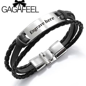 GAGAFEEL 4 Färger Anpassad gravering Bangle For Men Punk Multilayer Armband Rostfritt stål PU -läder Bangle Specialgåva för Male2351