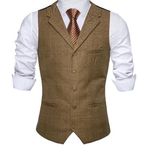 Mäns västar Barry Wang Men passar Vest Olive Plaid Waistcoat ullblandning Skräddarsydd krage V-Neck 3 Pocket Tie Set Formal Leisure 269V