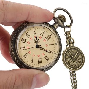 Pocket Watches Vintage Quartz Titta på romerska siffror DISPLAY Minimalist Open Face Necklace Clock Bronze Pendent Gift With Accessory