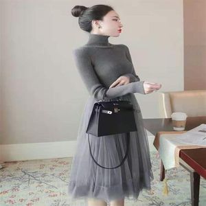 Casual Dresses Turtleneck Sweater Dress 2021 Autumn Winter Knitwear Women Sexy Tulle Mesh Patchwork Long Sleeve Black Grey Knitted185E