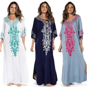 2021 indie folk snörning v-hals batwing ärm sommar strandklänning tunika kvinnor strandkläder kaftan maxi klänning mantel sarong n775 210224169o