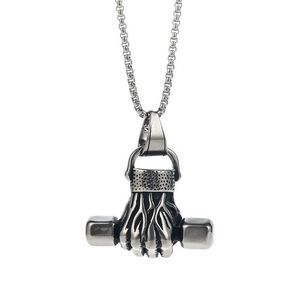Pendant Necklaces Personality Creative Titanium Steel Necklace Does Not Fade Fitness Fist Dumbbell Sports Punk Hip Hop Power Jewel2376