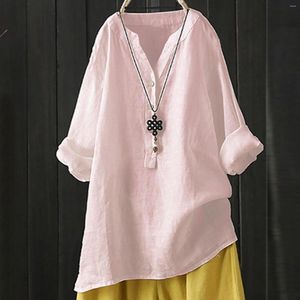 Women's Blouses Cotton Linen Shirt Solid Long Sleeved Tops V Neck Loose Shirts & Autumn Clothing Blusas Para Mujer