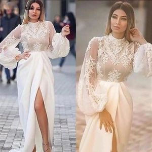 Evening Dresses White Prom Party Gown Formal Elastic Satin Applique Custom New Zipper Lace Up Plus Size Long Sleeve High Neck Ivory Thigh-High Slits
