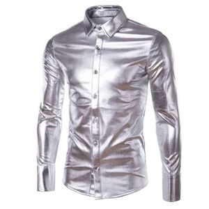 Camisas de vestido masculinas ouro prata brilhante camisa de revestimento de couro homens clubwear moda manga longa botão superior estilo punk hip hop 272i