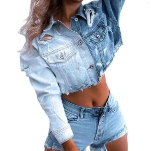 Kvinnorjackor 2023 Fall Ripped Short Denim Jacket Fashion Slim Long Sleeve Patchwork Jeans Trendiga kvinnliga kläder S-XL