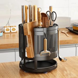 Kitchen Storage 3 In 1 Metal Rotatable Multifunctional Knives Holder Rack With Silverware Boxes And Chopping Board Organization