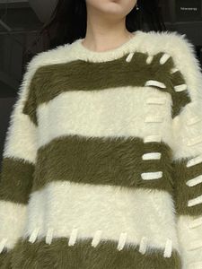 Suéter feminino listrado macio suéter de malha feminino oversized manga comprida elegante solto pulôver senhoras vintage casual o pescoço jumper feminino