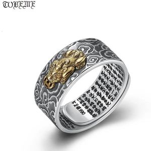 Solitaire Ring 100 925 Silver Tibetan Six Words Buddhist Sutra Power Dragon Wealth Pixiu Good Luck Man Resizable 231007