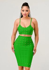 Two Piece Dress Ailigou 2023 Summer Women's Blue Green White Black 4-color Riveted Sexy Tight Bandage Short Top With Skirt Set