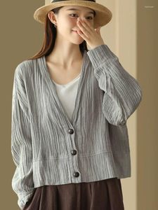 Women's Jackets Retro Women Autumn Pleated Cotton And Linen V-Neck Button Long-sleeved Loose Casual Tops Coat