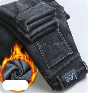 Nya jeansbyxor byxa herrbyxor sträcker fleece förtjockning vinter ddicon broderade nära passande jeans bomullsslacks tvättade rak affärssammanträngning xl520-9