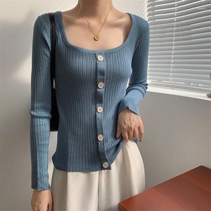 Женские свитера S 2023, осень-зима, тонкий вязаный пуловер, однобортный однобортный свитер с квадратным вырезом и длинными рукавами, женская одежда Pull Femme