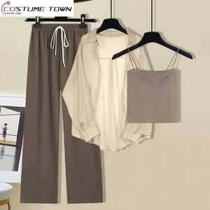 Calças femininas de duas peças verão oco proteção solar chiffon camisa sexy cinta tanque superior rendas até perna larga três elegante conjunto