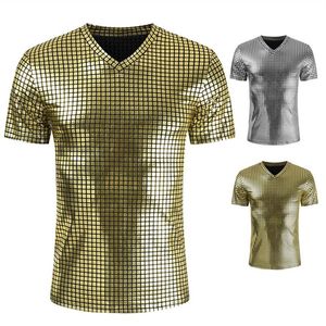 Men's T-Shirts Gold Silver Plaid Metallic Nightclub Wear Tshirt Men Sexy New Disco Party Stage Prom Tshirts Men Slim Fit V Ne214S