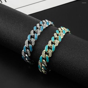 Link pulseiras 13mm gelado para fora cubana corrente luminosa pulseira de cristal para mulheres homens azul verde cor brilho bling strass jóias