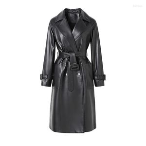 Women's Leather 2023 Genuine Sheepskin Coat Fashion Belted Trench Autumn Spring Real Jacket FG5151