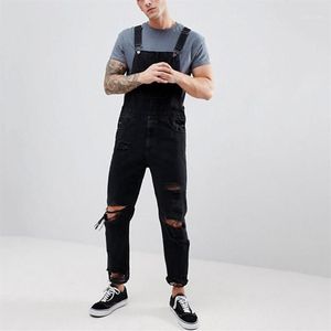 Schwarze Overalls für Herren, Löcher, Taschen-Jeans, Overall, Streetwear, Hosenträger, lange Hosen, Pantalones1232p